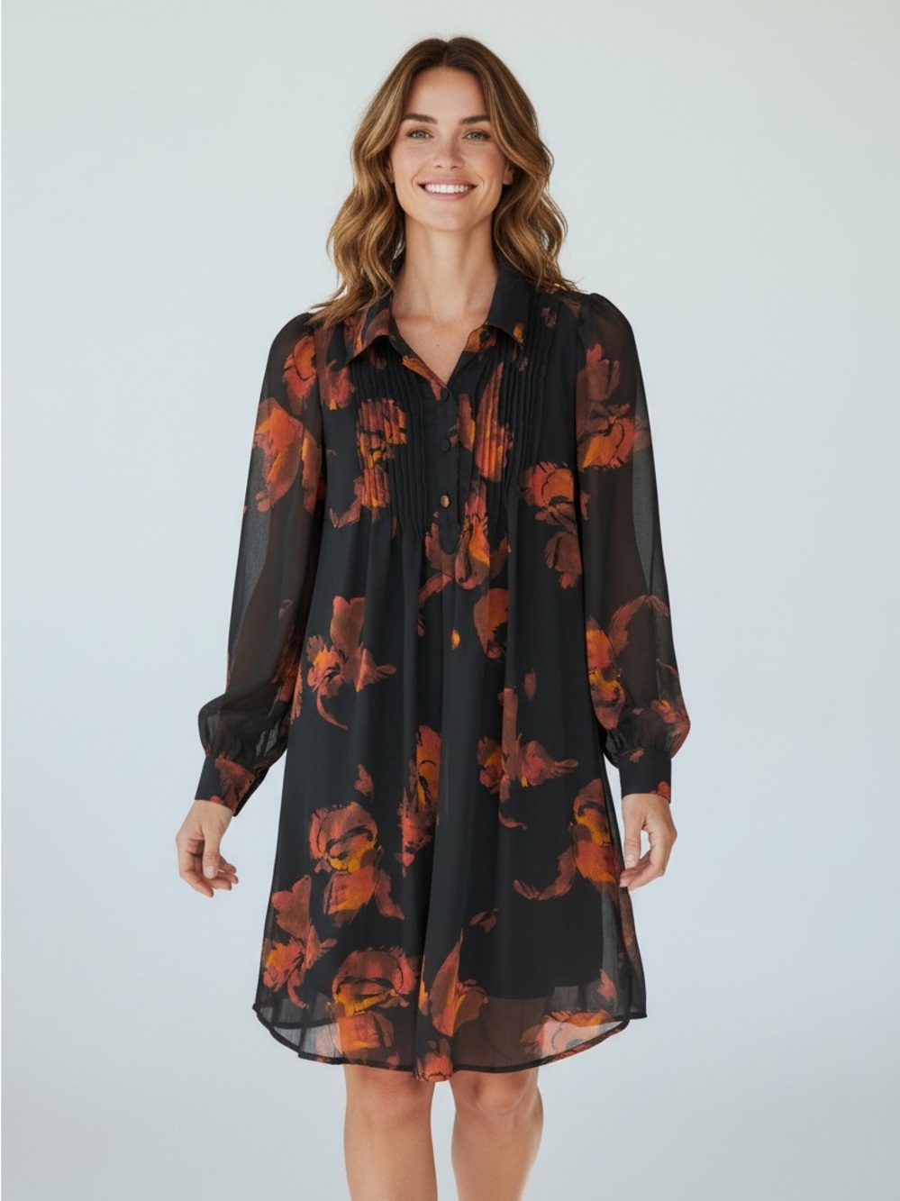 Nine West Black Shift Dress with Black w Orange Floral Print Fall Size S